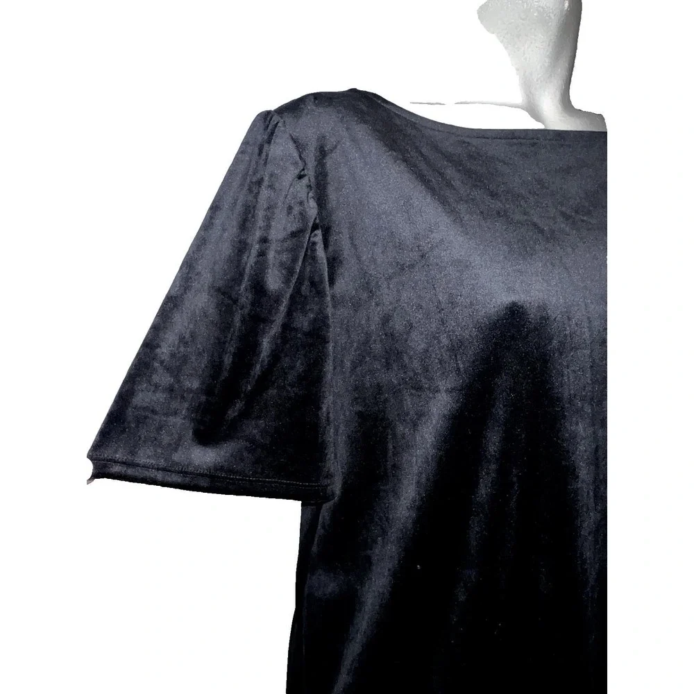LOFT Womens Black Velvet Puff Sleeve Boat Neck Top XL Keyhole Back Blouse